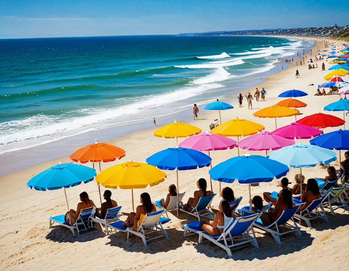 A vibrant beach scene featuring models of diverse body types confidently showcasing a variety of stylish swimwear, with colorful beach umbrellas and the ocean in the background. The setting should evoke a sense of unity and body positivity, with playful waves splashing around, and sunbathers of different ages enjoying the sun. Bright, cheerful colors with an emphasis on inclusivity and diversity. bright colors. vibrant beach. super-realistic.