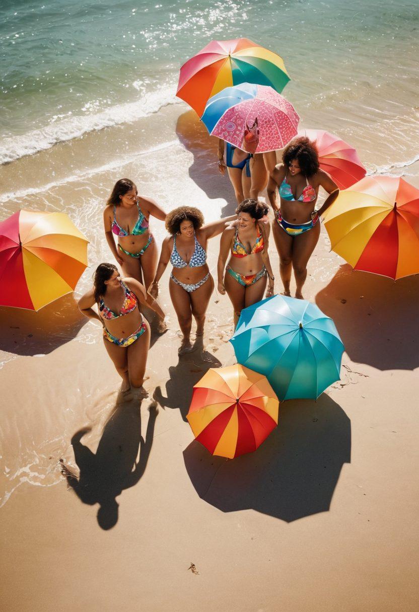 A lively beach scene showcasing diverse individuals of all body types joyfully wearing inclusive swimwear and beach fashion. Emphasize bright, colorful swimsuits, beach towels, and accessories that reflect various cultures and identities. Include elements like umbrellas, surfboards, and beach balls to evoke a festive atmosphere. Capture sunlight shimmering on the water, with palm trees swaying in the background. super-realistic. vibrant colors. beach aesthetic.