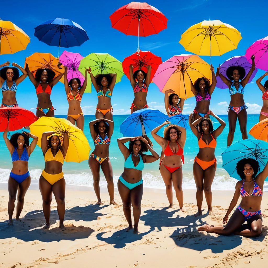 A vibrant beach scene featuring diverse individuals confidently showcasing their unique swimwear, radiating self-love and empowerment. Each person embodies a different sense of style and body positivity, surrounded by sun, sand, and ocean waves, with joyful expressions and dynamic poses. The background includes colorful beach umbrellas and a bright blue sky, symbolizing freedom and celebration. super-realistic. vibrant colors. 3D.